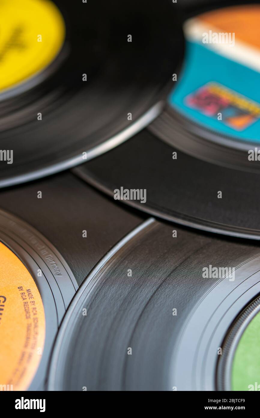 Pile of seven inch vinyl records Stock Photo