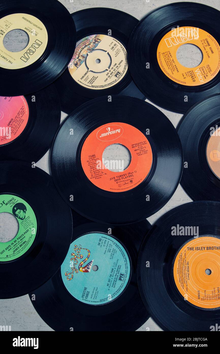 A collection of funk and soul music vinyl records (singles) from the 1970s  Stock Photo - Alamy