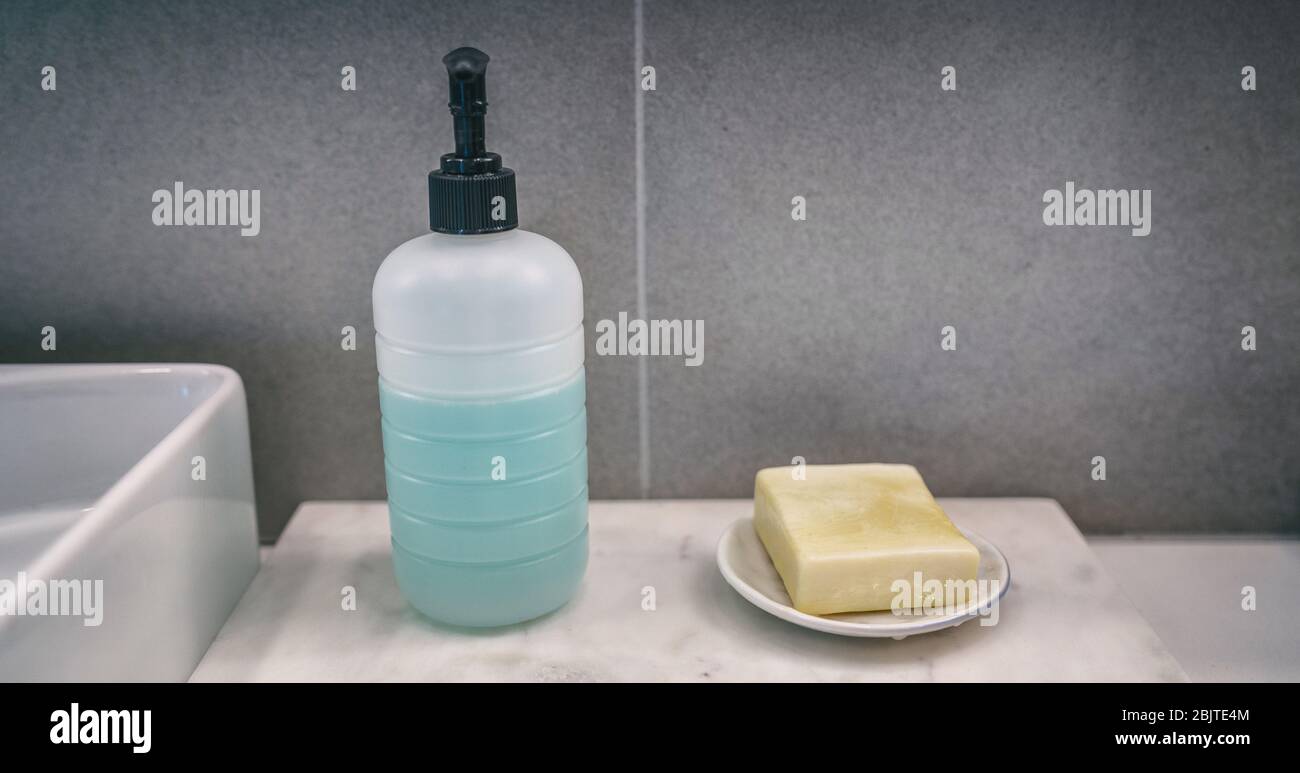 Soap bar versus liquid hand soap bottle comparison of hand washing