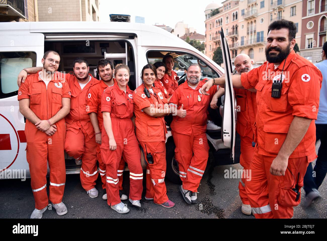 Lebanese Red Cross on duty during the October 2019 anti-government protests  in Beirut, Lebanon Stock Photo - Alamy
