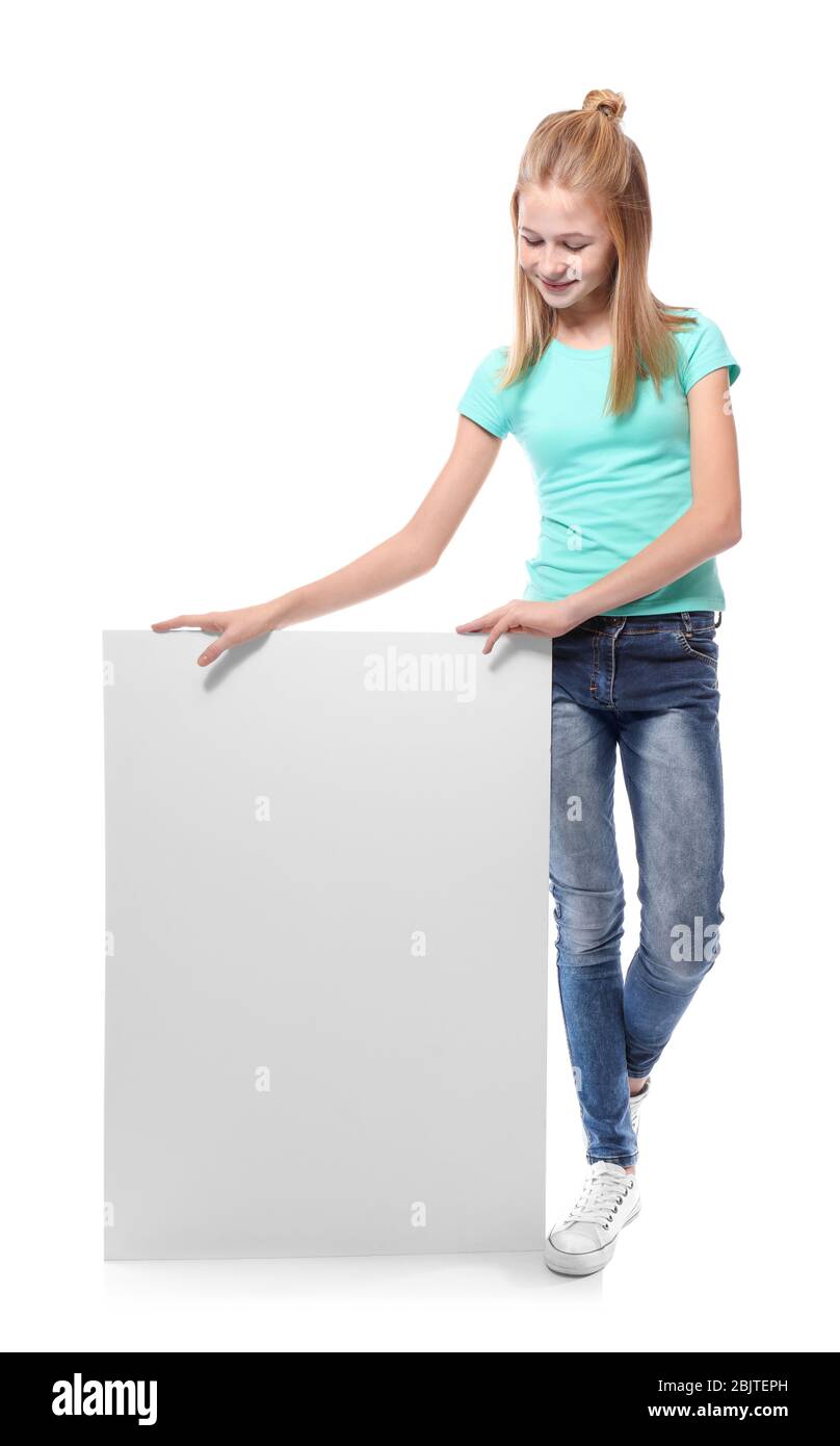 Cute girl with blank advertising board on white background Stock Photo