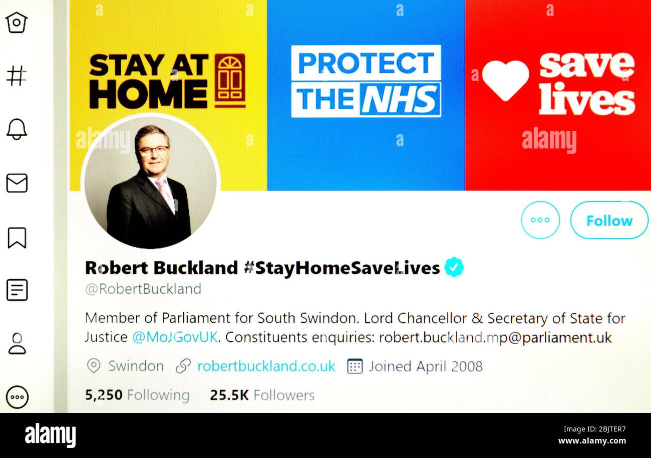 Twitter page (May 2020) : Robert Buckland, Lord Chancellor and Secretary of State for Justice Stock Photo
