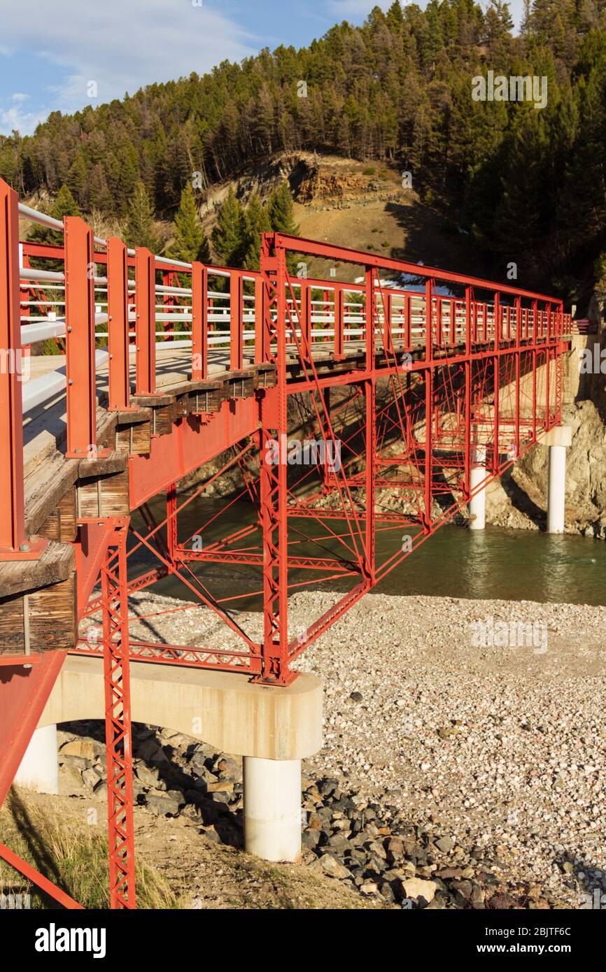 The historic pin-connected Pratt half-deck truss Dearborn River High Bridge on Bean Lake Road southwest of Augusta, Montana, United States of America. Stock Photo