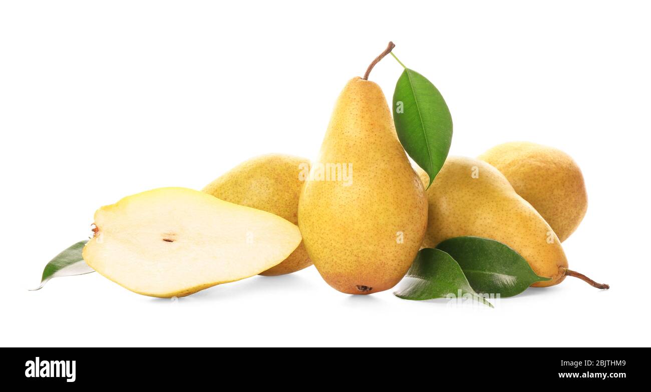 Yummy fresh ripe pears with slice on white background Stock Photo - Alamy