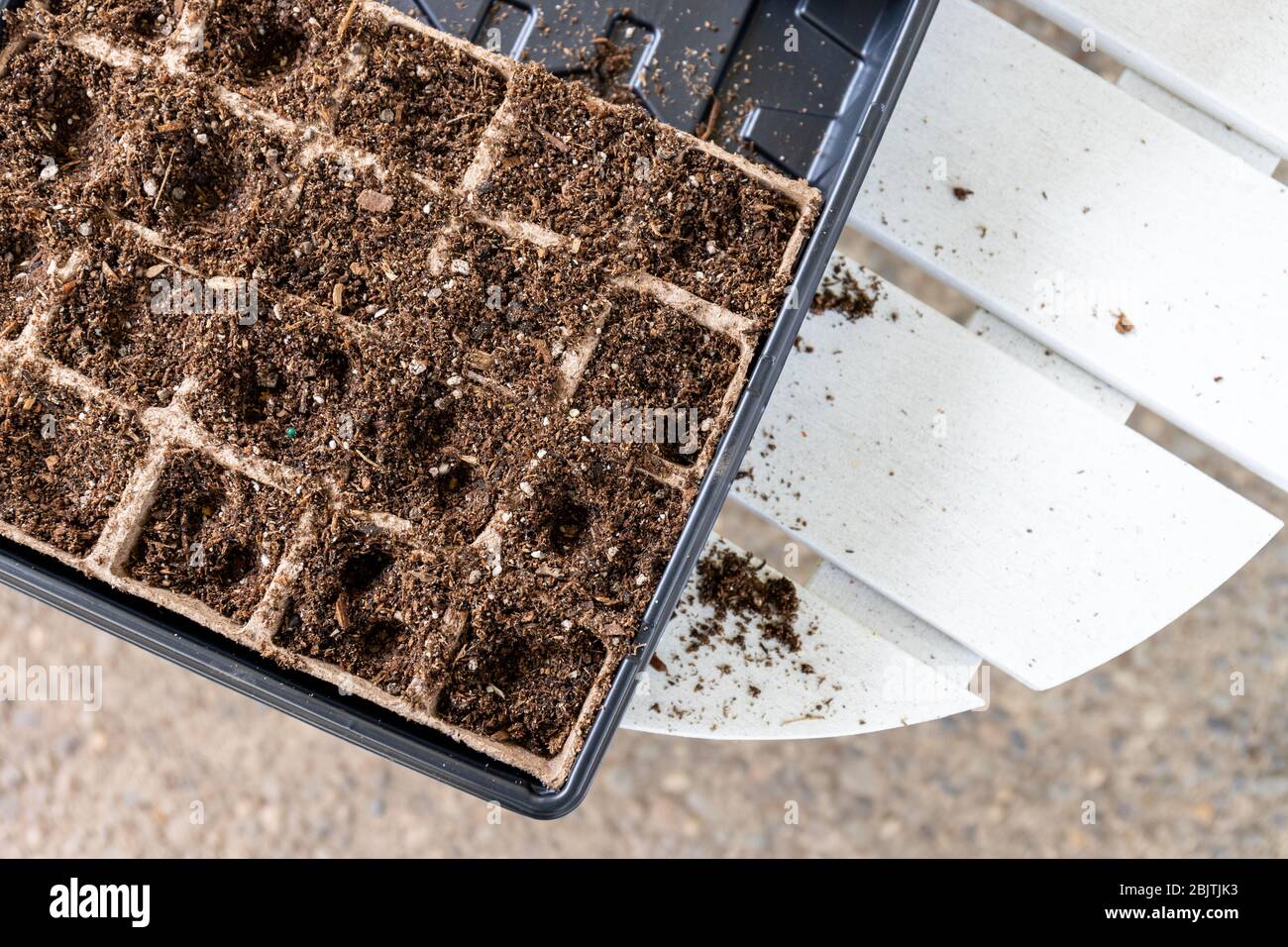 Top View of Seed Starter Kit Filled with Soil on White Wood Table Stock