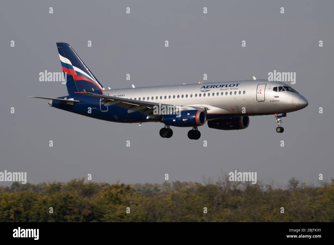 Budapest / Hungary - October 7, 2018: Aeroflot Sukhoi Superjet SSJ RA-89063 passenger plane arrival and landing at Budapest Airport Stock Photo