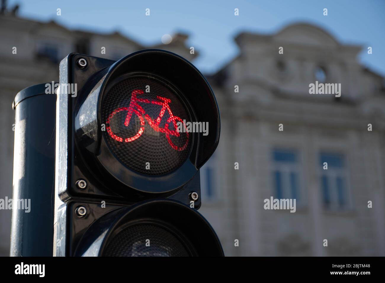 Sustainable transport. Bicycle traffic signal, red light, road bike, free bike zone or area, bike sharing Stock Photo