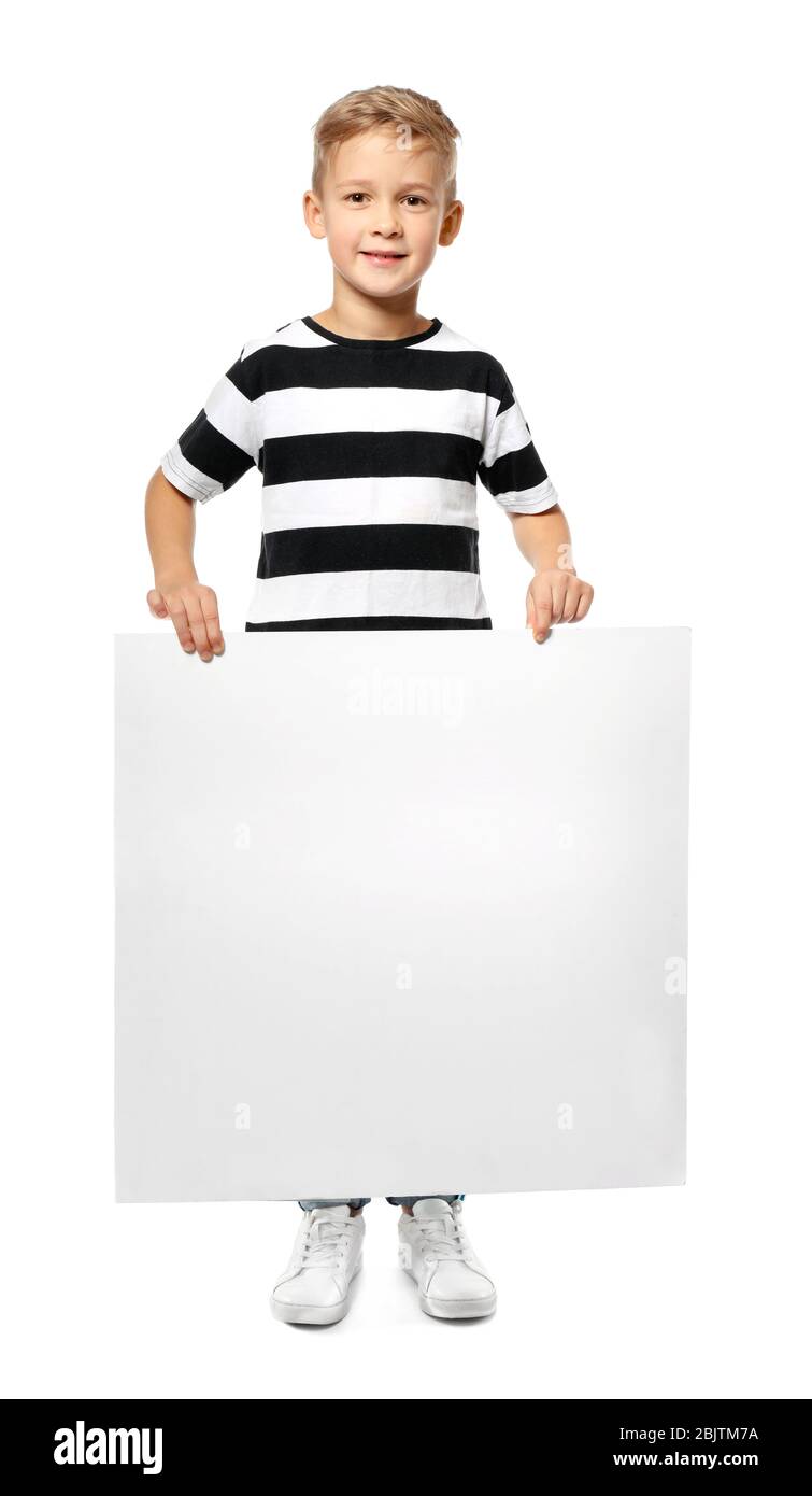 Cute boy with blank advertising board on white background Stock Photo