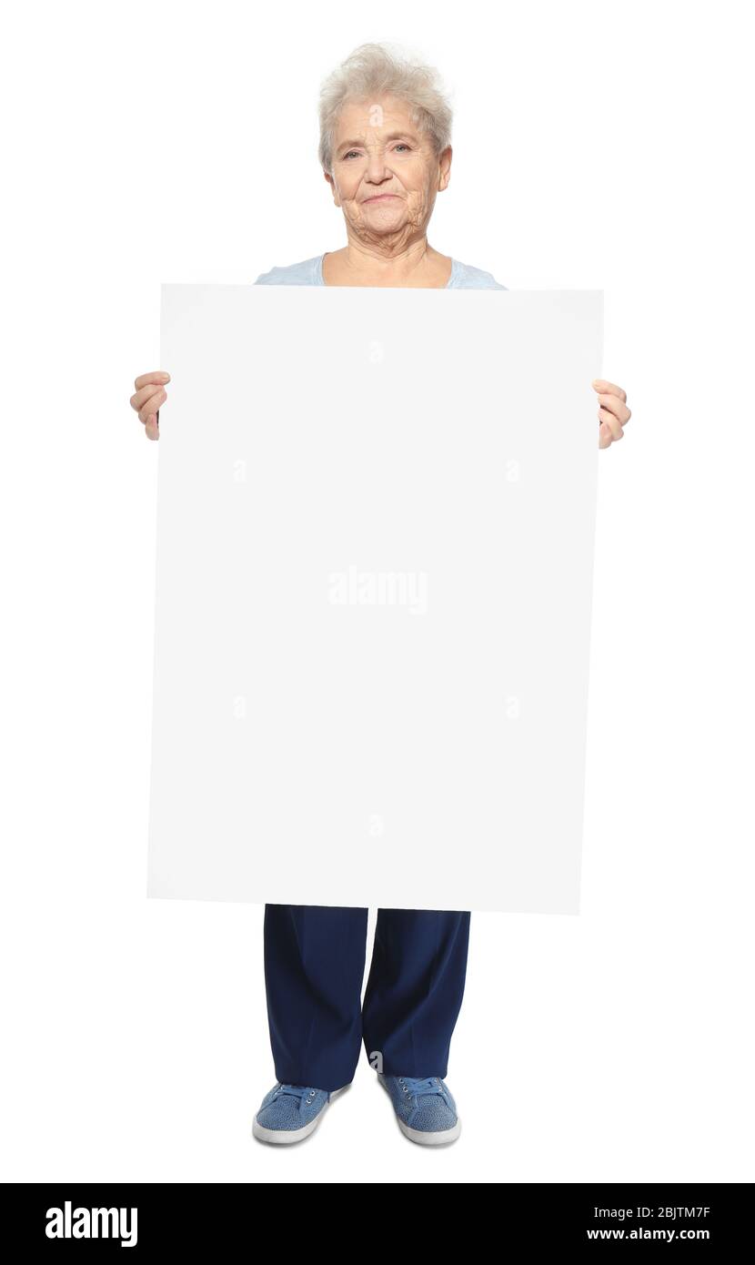 Senior woman with blank advertising board on white background Stock Photo