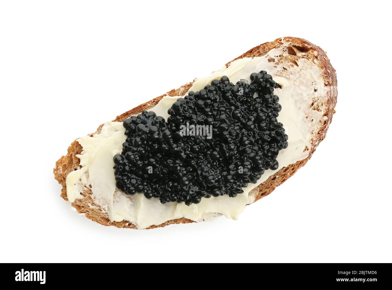 Bread with black caviar and butter on white background Stock Photo