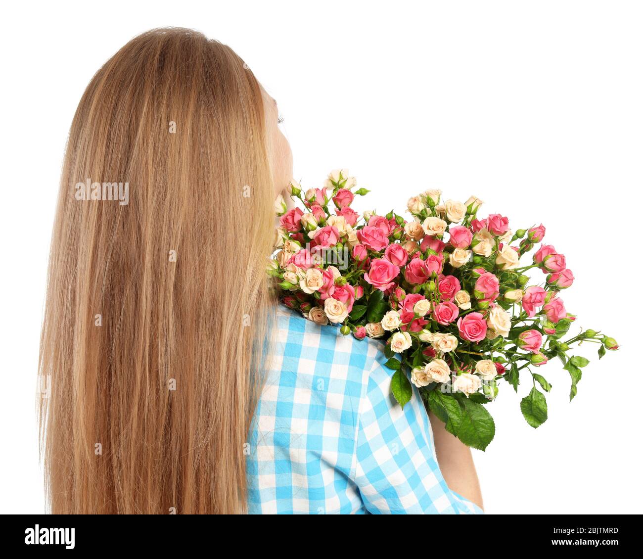 Beautiful young woman with bouquet of roses on white background Stock ...