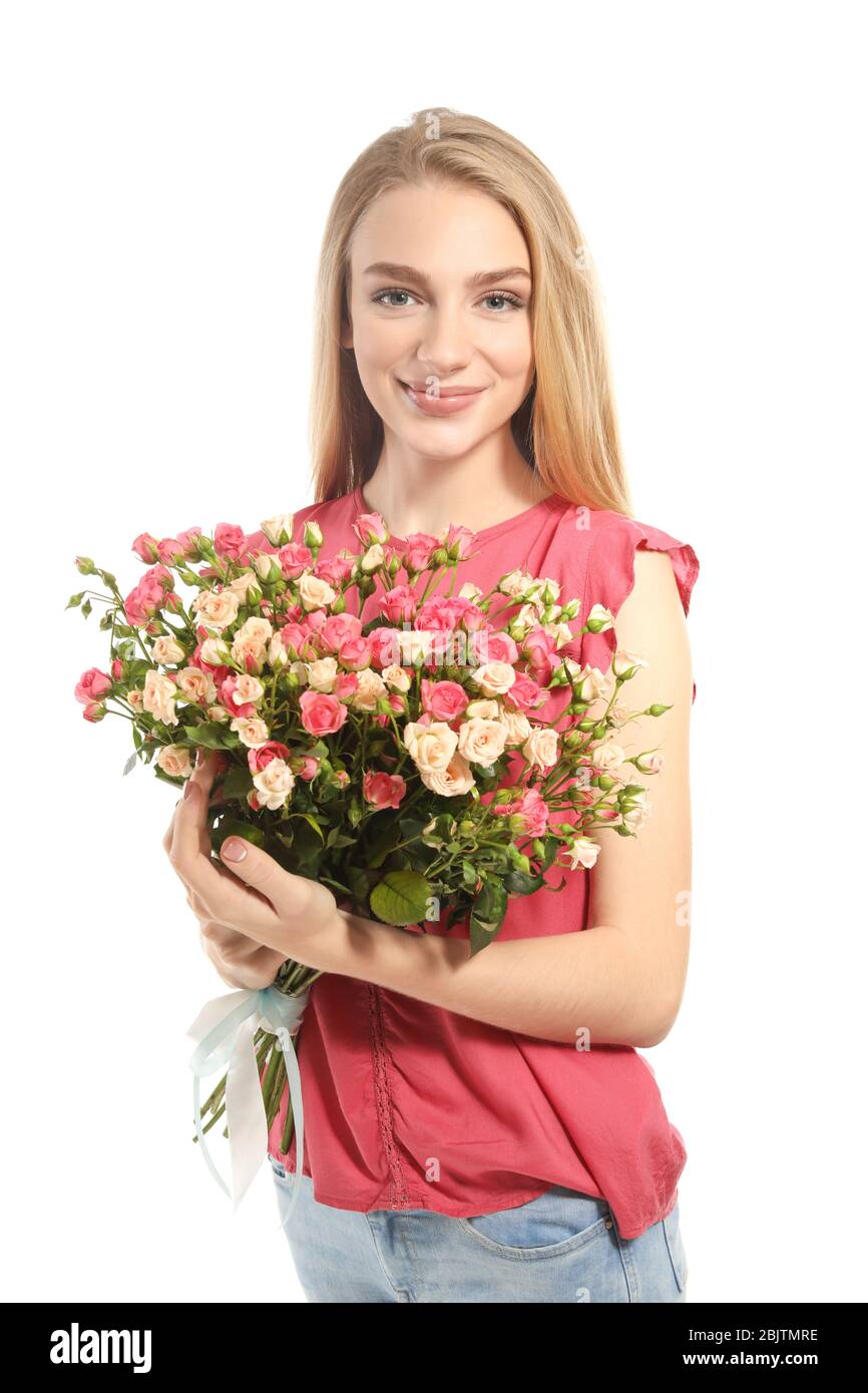 Beautiful young woman with bouquet of roses on white background Stock ...