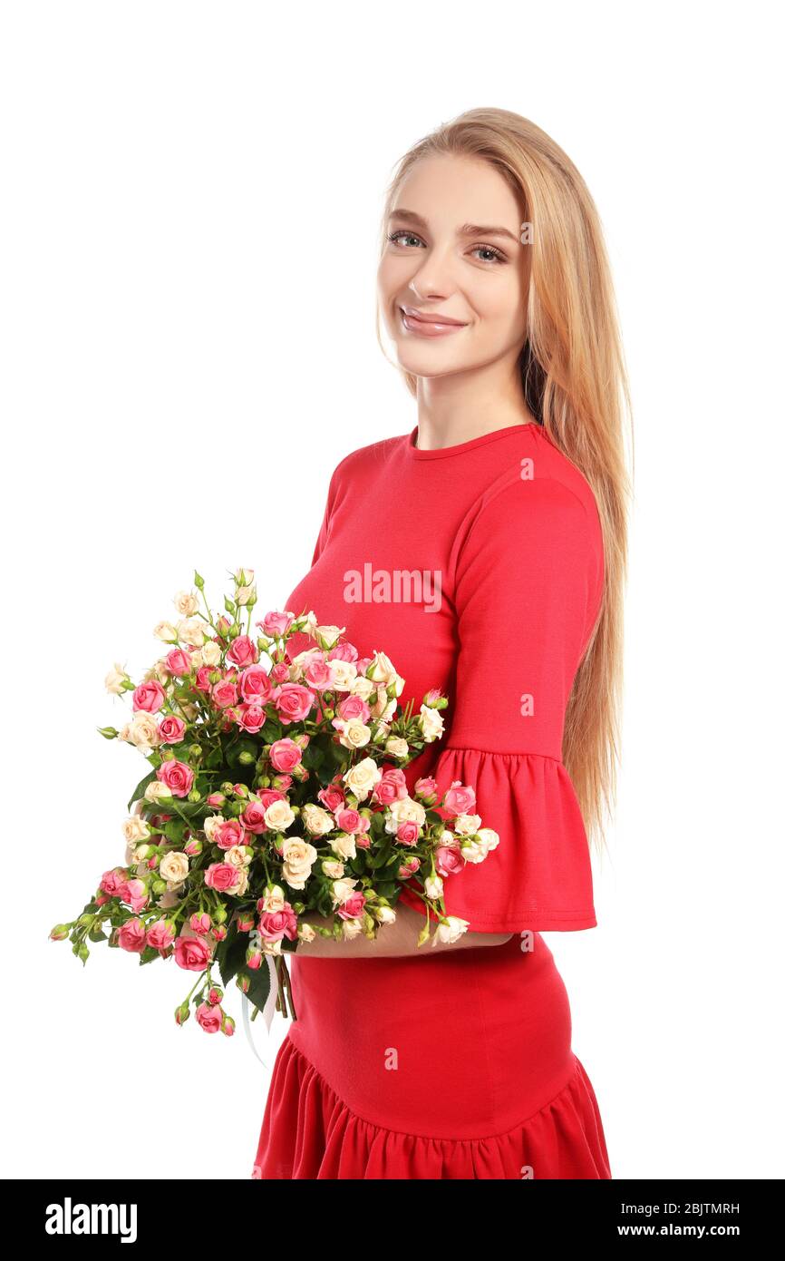 Beautiful young woman with bouquet of roses on white background Stock ...