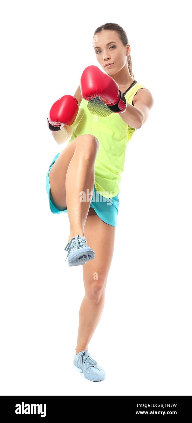 Strong woman in boxing gloves on white background Stock Photo