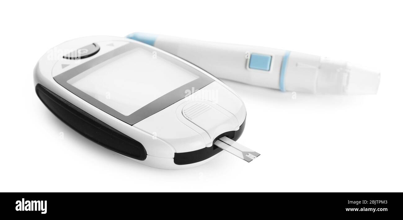 Digital glucometer and lancet pen on white background. Diabetes