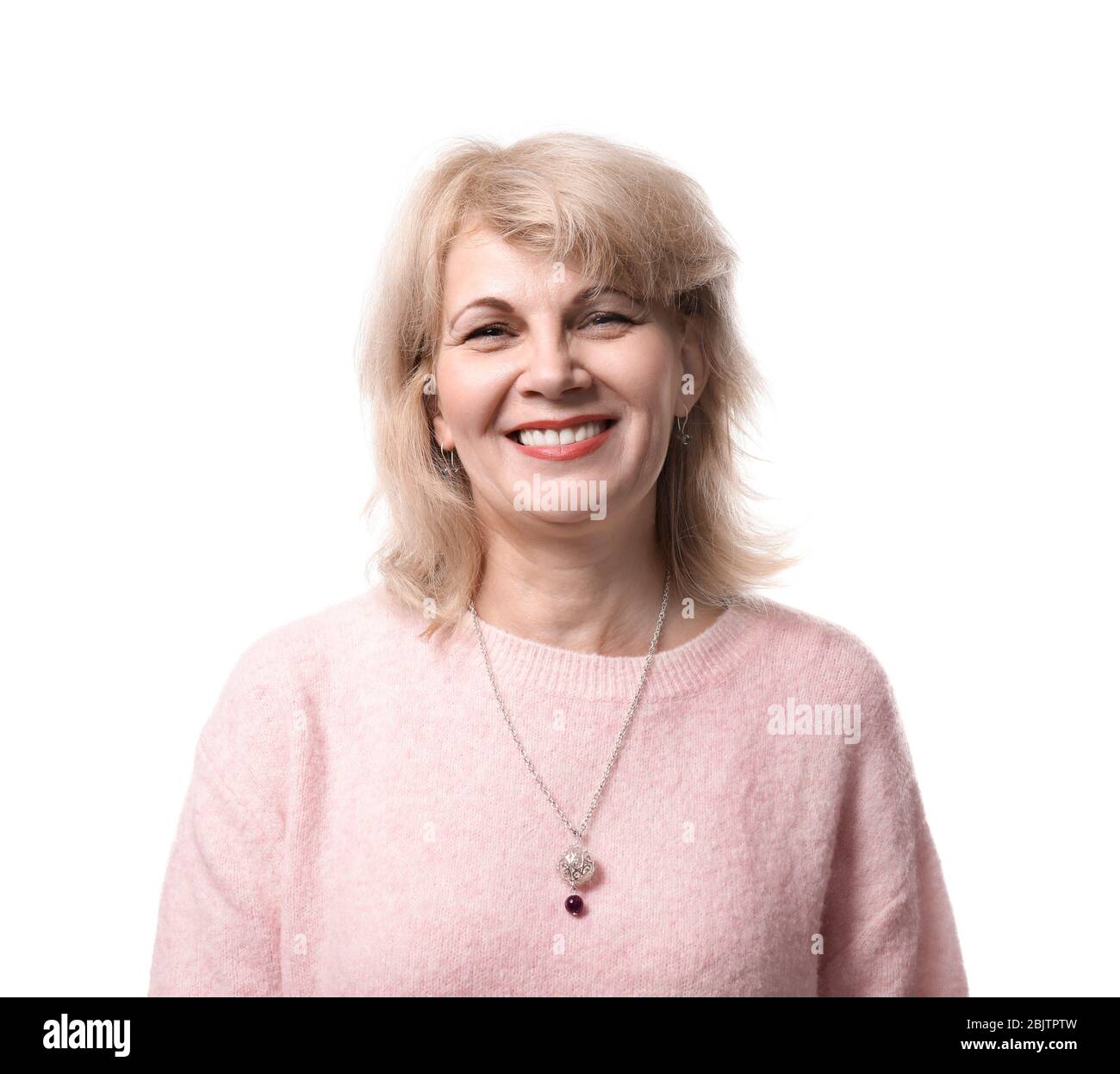 Portrait of beautiful mature woman on white background Stock Photo - Alamy