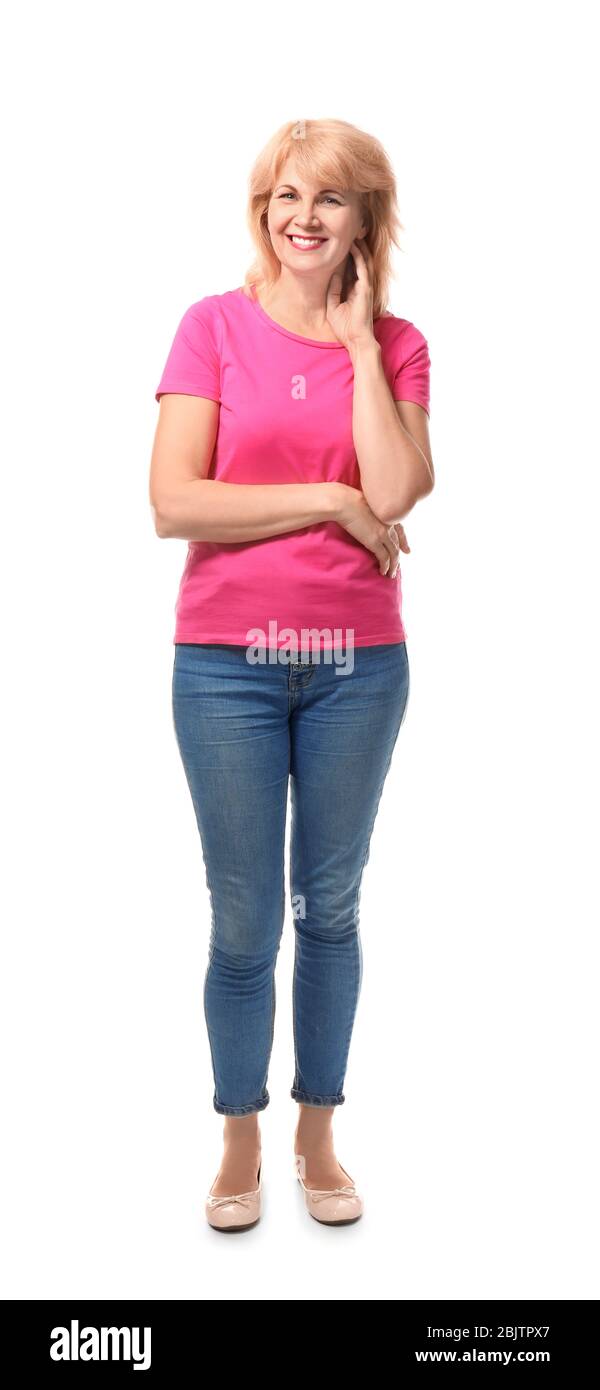 Portrait of beautiful mature woman on white background Stock Photo - Alamy