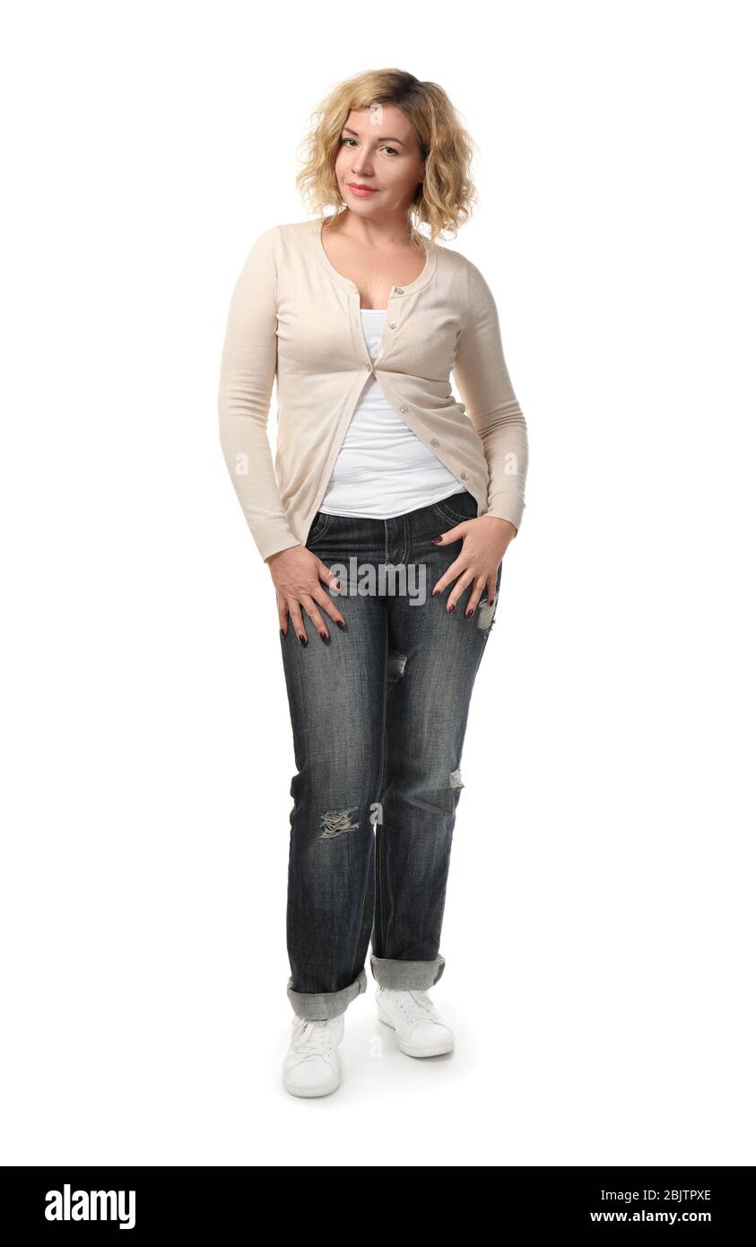 Portrait of beautiful mature woman on white background Stock Photo - Alamy