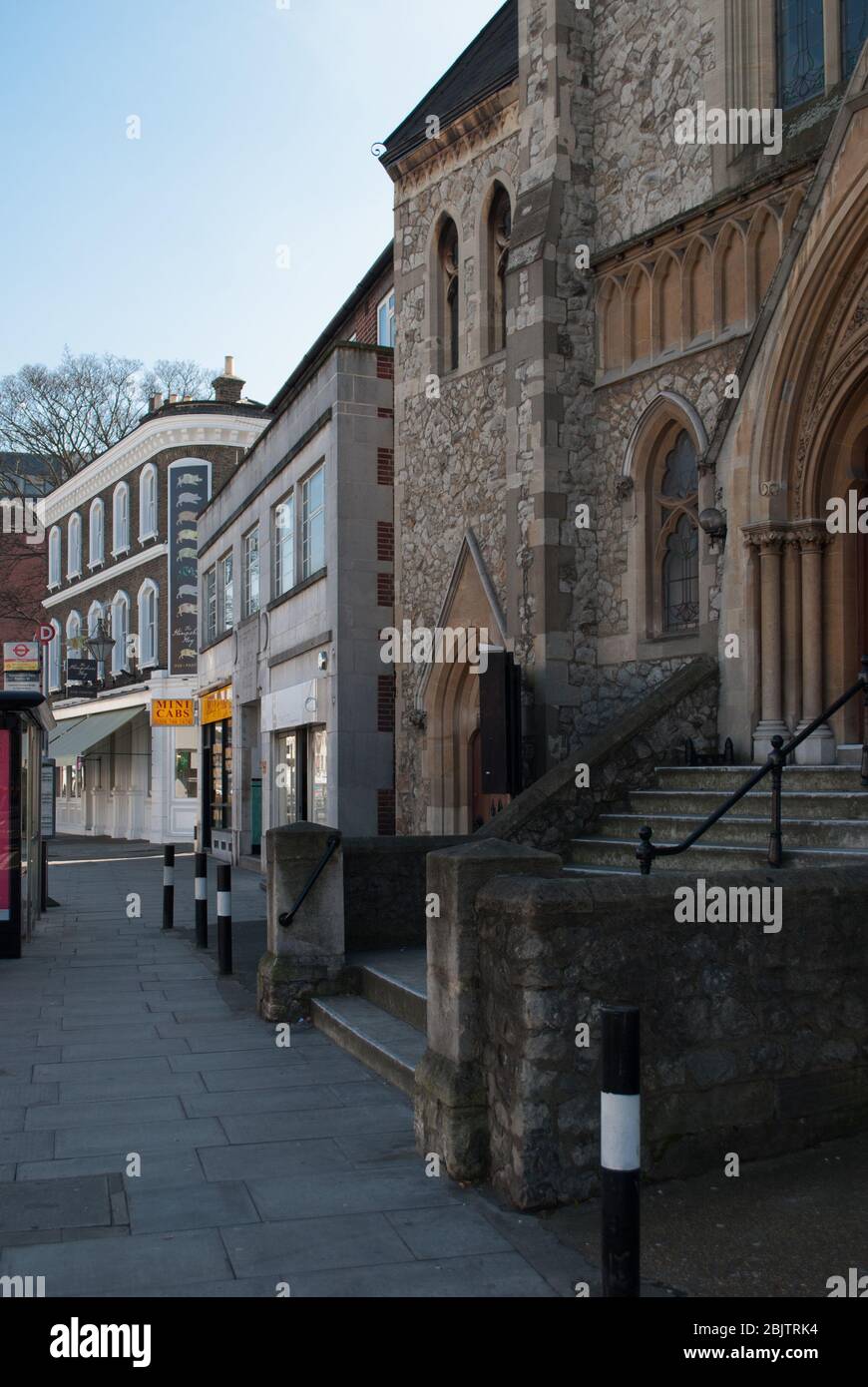 Gothic Stone Architecture Entrance Steps Stairs Windows Church House Rivercourt Methodist Church, King Street, Hammersmith, London W6 Charles Bell Stock Photo