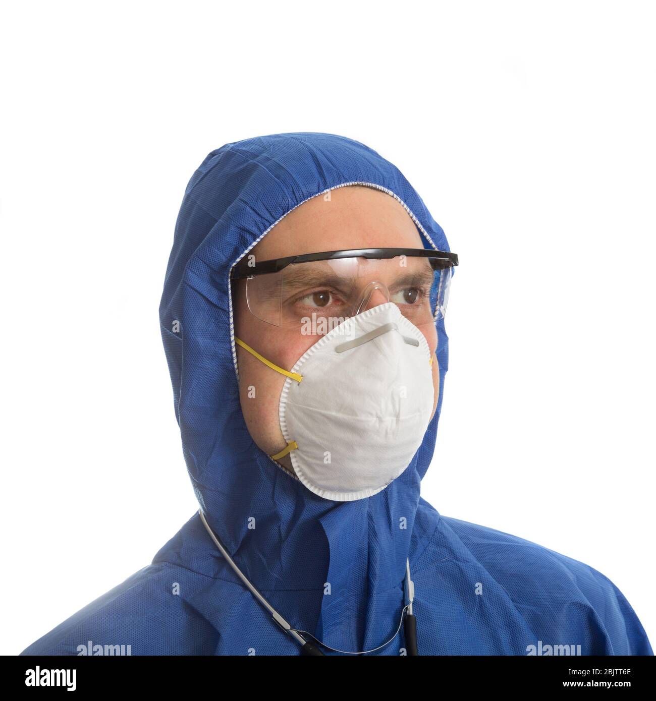 Doctor with protective clothing and goggles, face mask and endoscope Stock Photo
