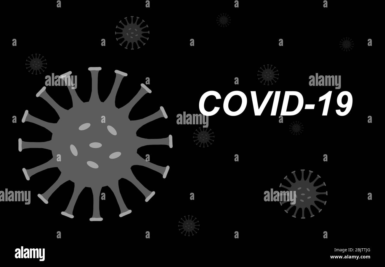 Monochrome BW background of a Corona virus illustration emblazoned with COVID-19. Stock Photo