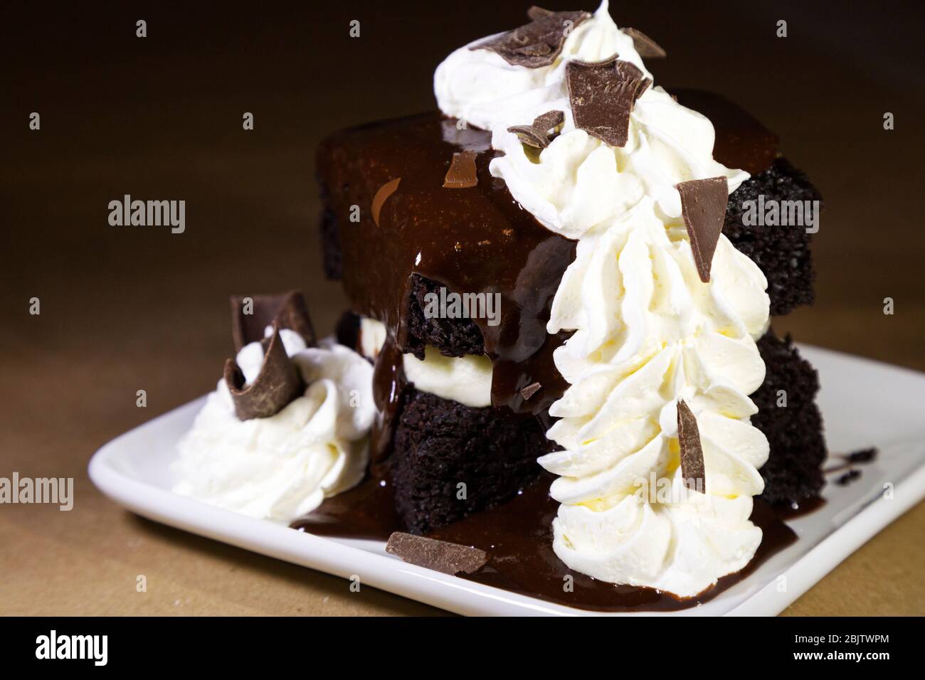 A brownie-style chocolate cake served in Barrington, Nova Scotia, Canada. The dessert is topped with whipped cream and flaked chocolate. Stock Photo