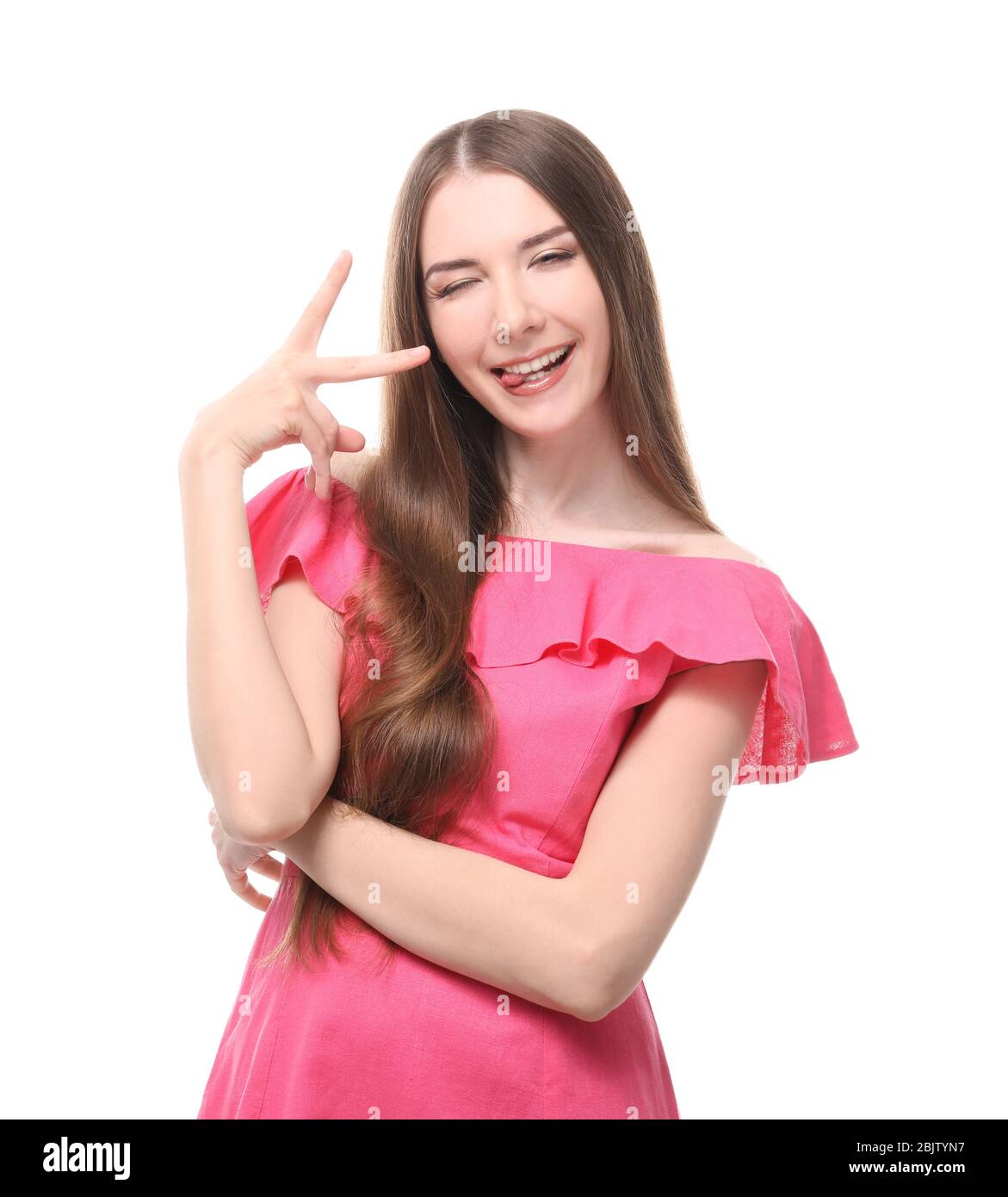 Portrait of beautiful smiling woman on white background Stock Photo - Alamy