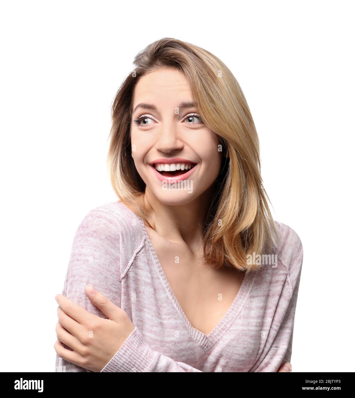 Portrait of beautiful smiling woman on white background Stock Photo - Alamy
