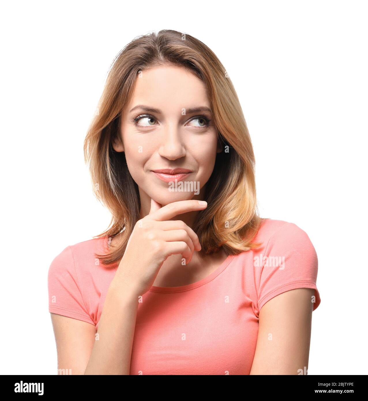 Portrait of beautiful smiling woman on white background Stock Photo - Alamy