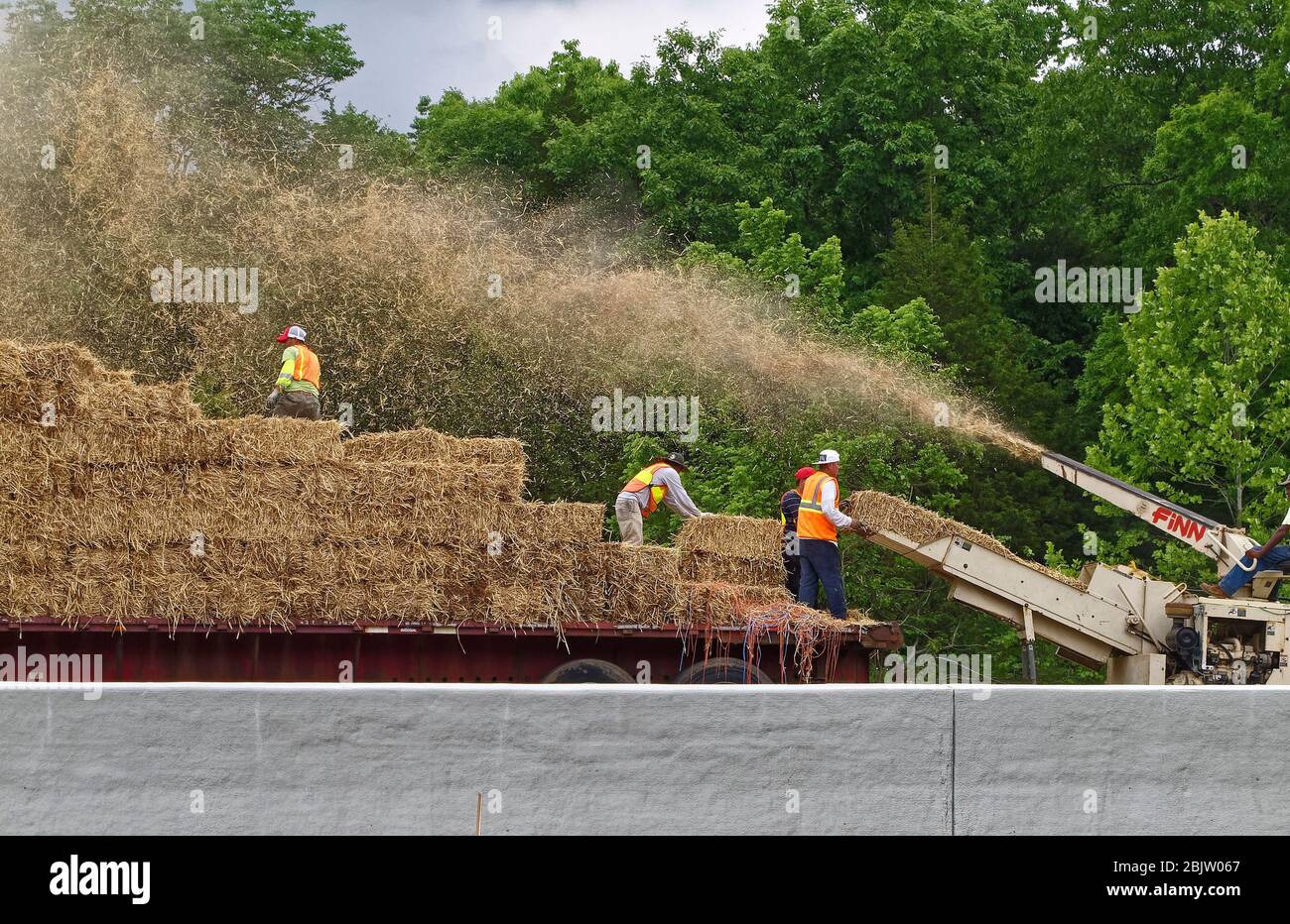 bale shredder, straw, men working, spreading to absorb water, job, machinery, Kentucky; USA; Paducah; KY, spring Stock Photo