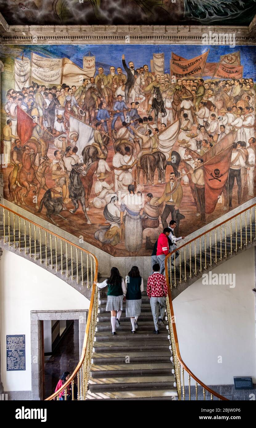 History Museum in Chapultepec Castle with Mural over staircase -Alegoria de la Revolucion Mexicana by Eduardo Solares Gutierrez , Mexico City, Mexico Stock Photo
