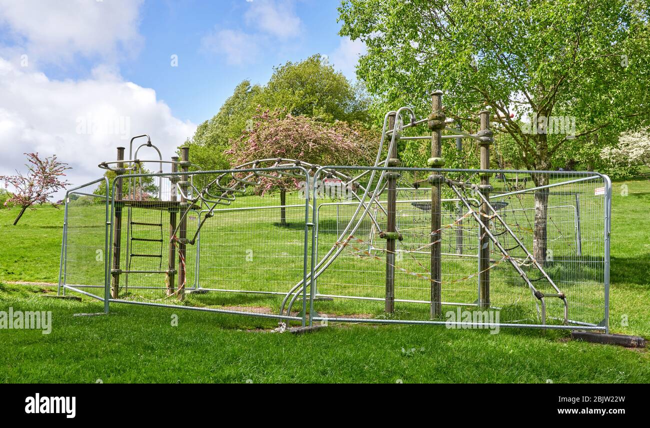 Chilldren's adventure playground fenced off during the 2020 Corinavirus pandemic in a park in Bristol UK Stock Photo