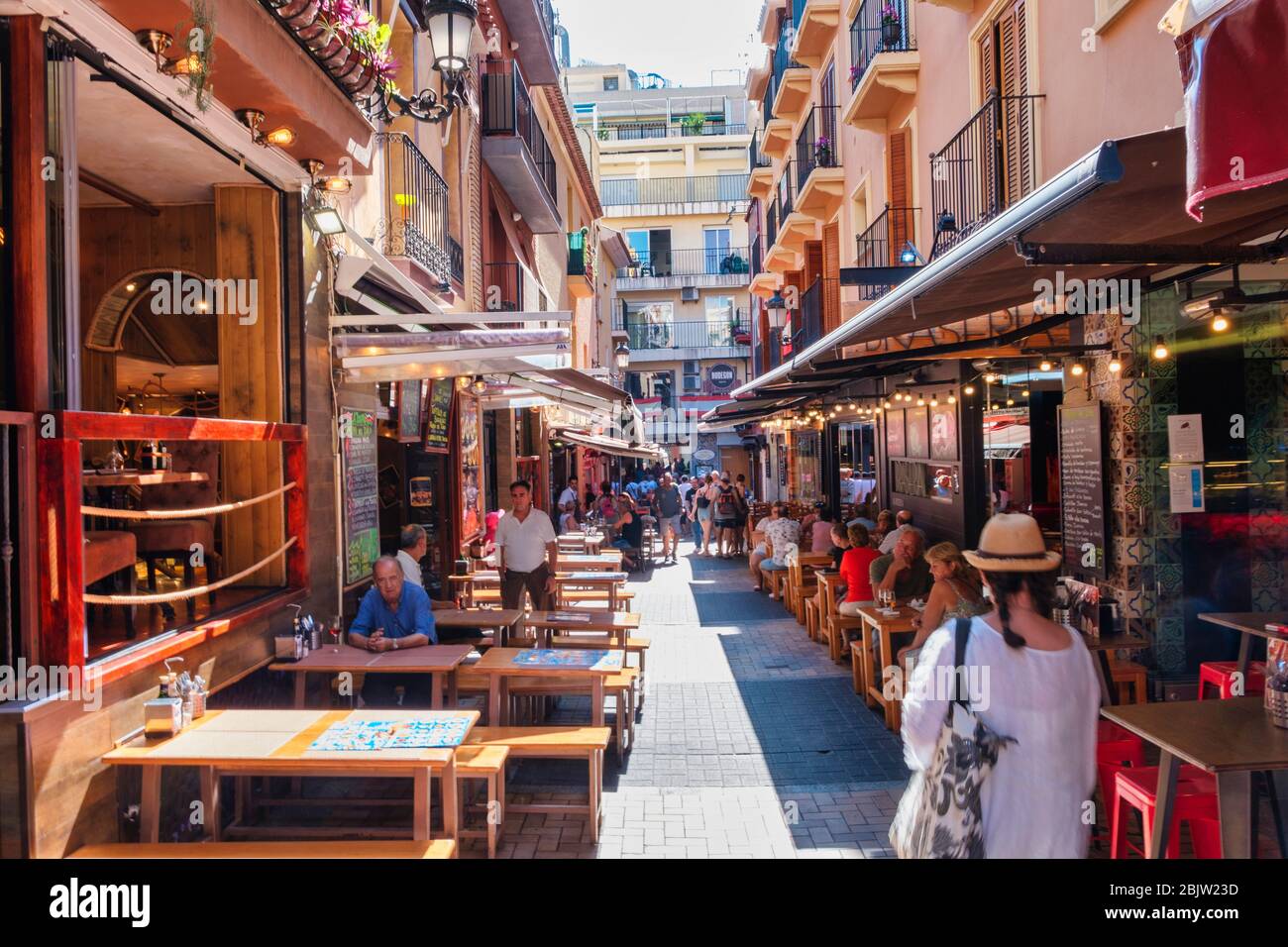 Benidorm, Alicante Province, Spain 5.10.2019, tapas bars at lunchtime in Calle Santo Domingo in the old town Stock Photo