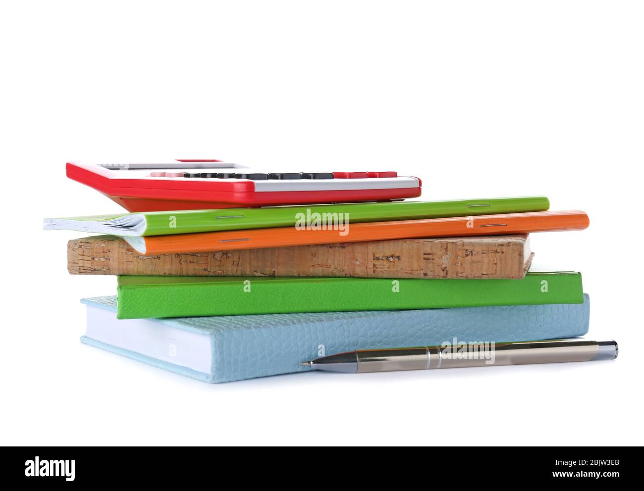 Stack of notebooks and books on white background. Doing homework Stock Photo