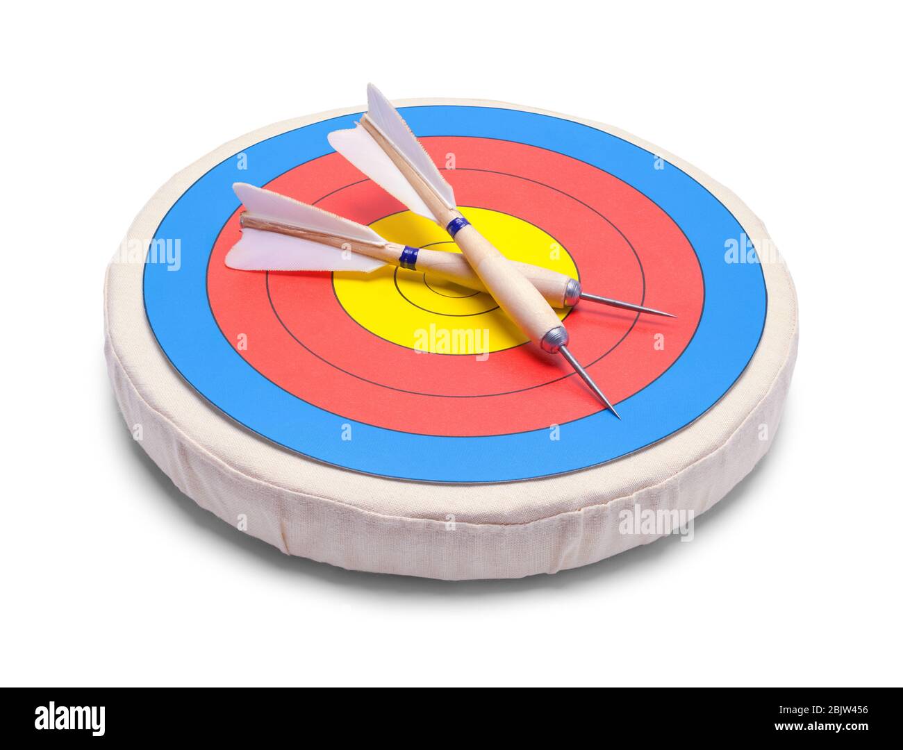 Two Darts on a Target Isolated on White. Stock Photo