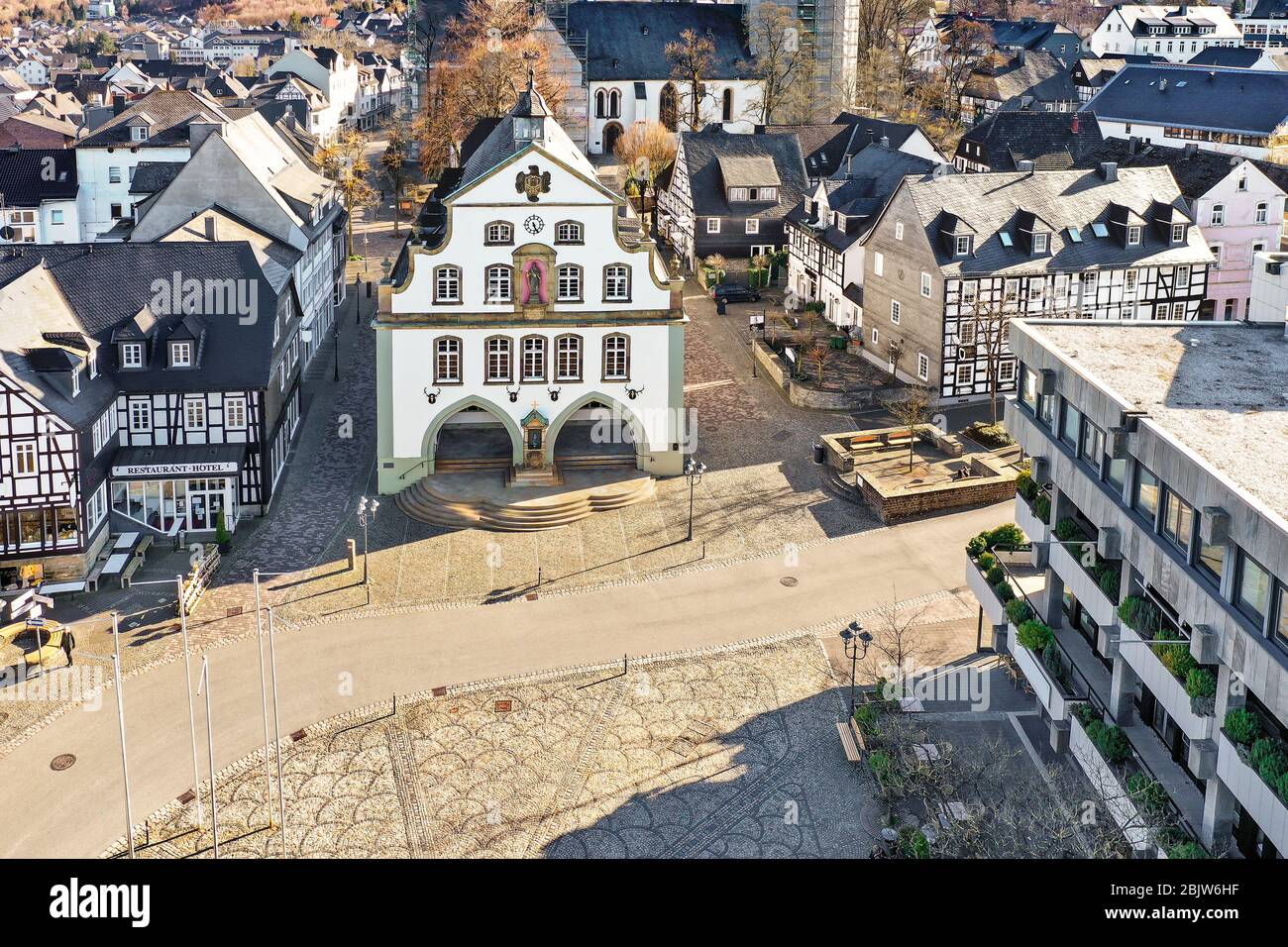 Brilon market place with town hall. Picture from the air. Artfully laid ...