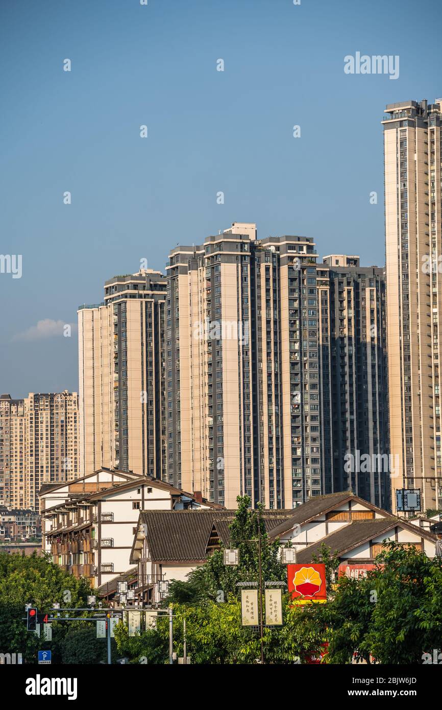 Chongqing, China August 2019 Highrise hillside residential apartments and buildings in