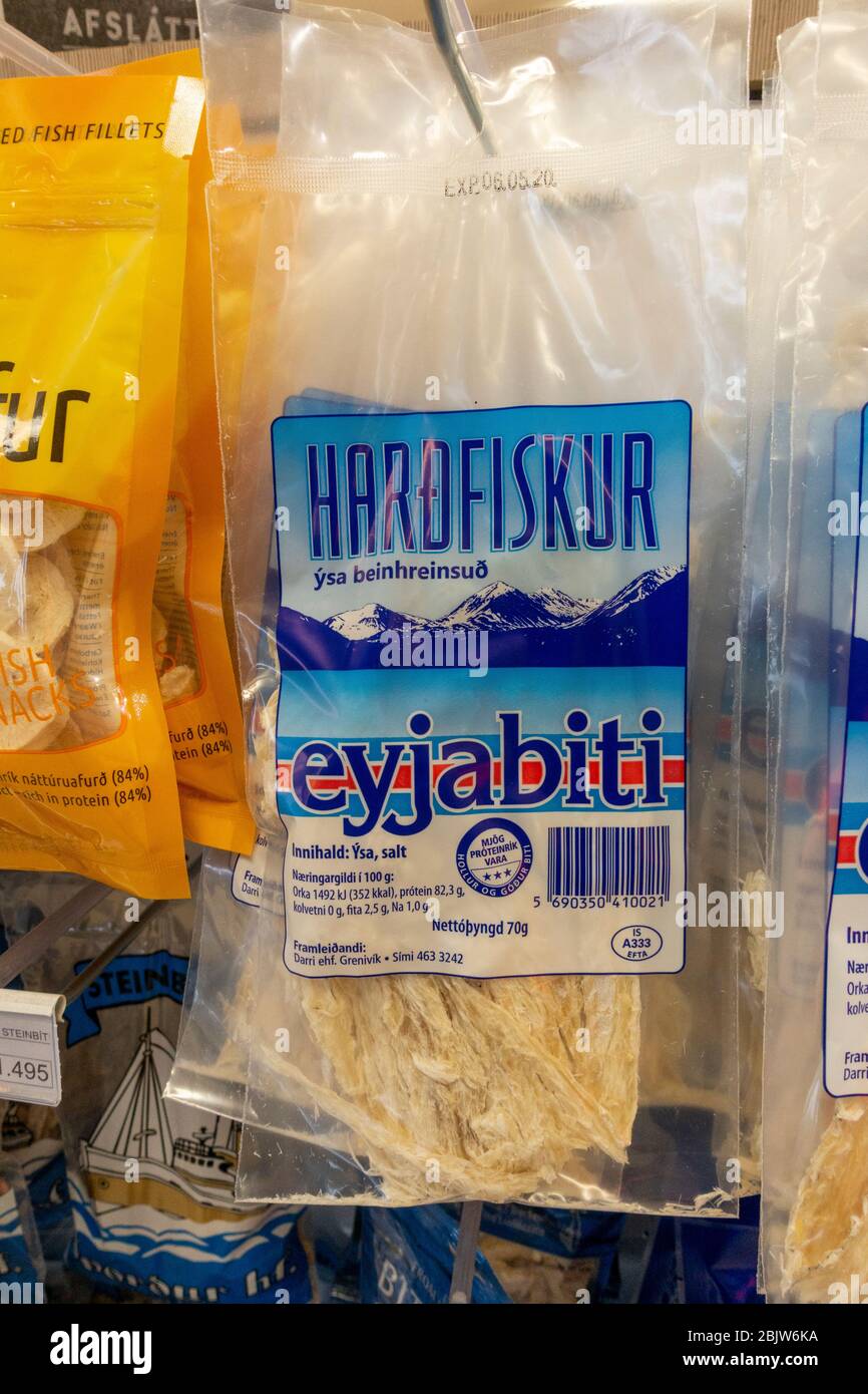 A bag of dried (haddock) on a service station/petrol station shop rack, Iceland. Stock Photo