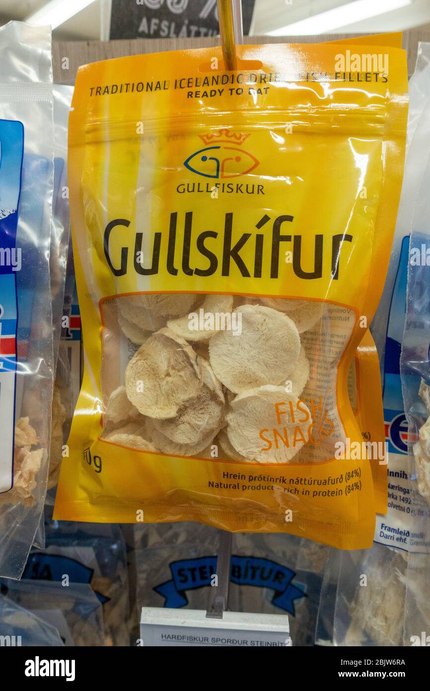 Traditional Icelandic dried fish fillets by Gullskifur on a service station/petrol station shop rack, Borgarnes, Iceland. Stock Photo