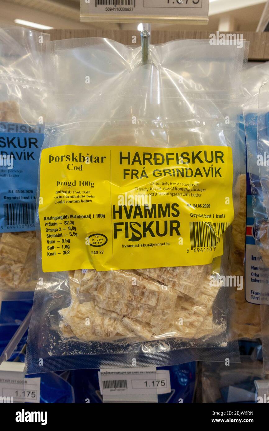 A bag of dried whitefish cod on a service station/petrol station shop shelf, Iceland. Stock Photo