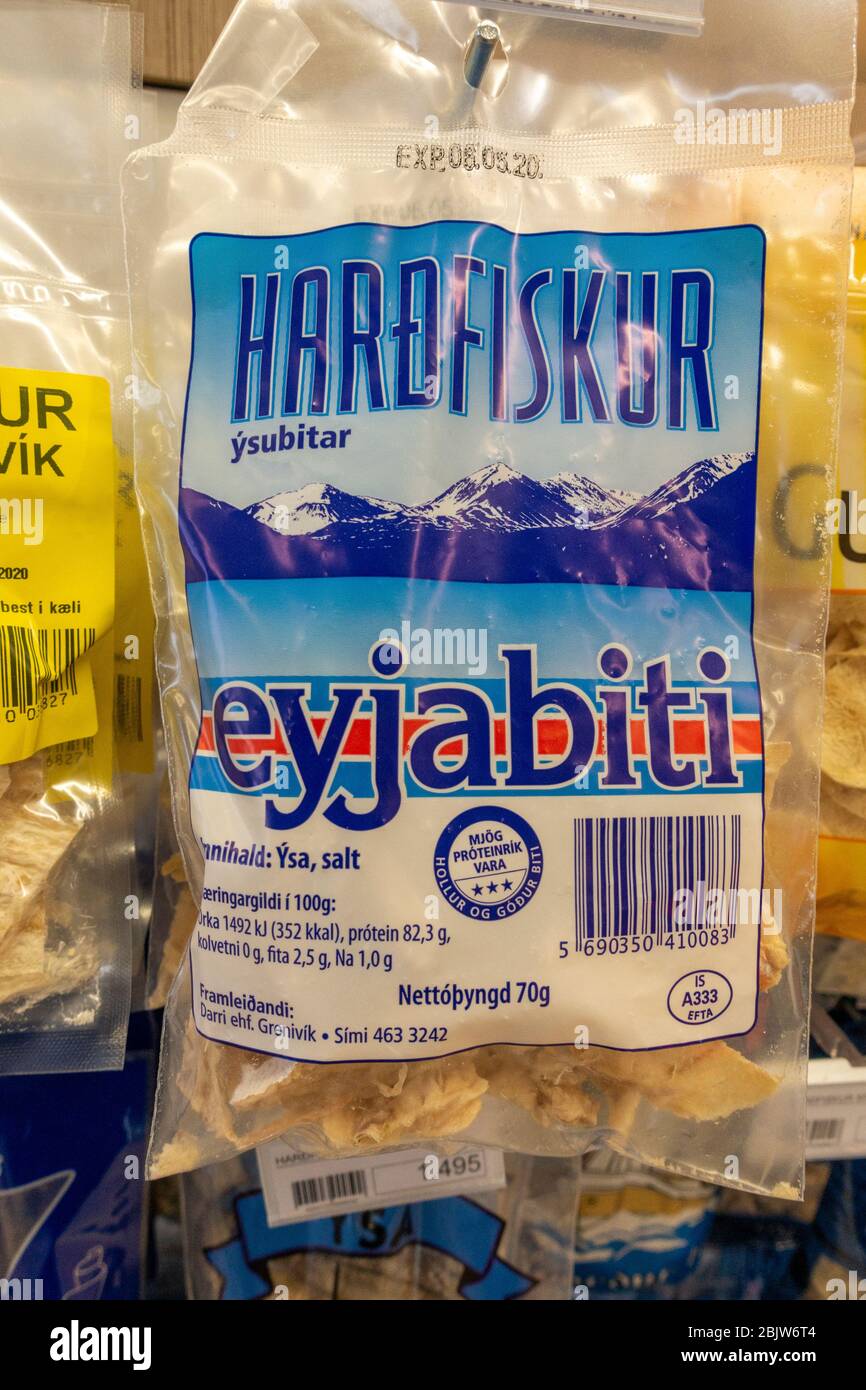 A bag of dried (haddock) on a service station/petrol station shop rack, Iceland. Stock Photo