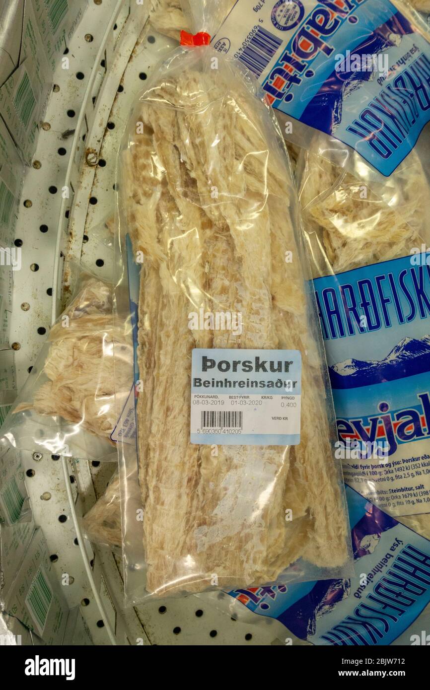 A packet of Þorskur beinhreinsaður (boned cod) for sale in a service station/petrol station shop, Borgarnes, Iceland. Stock Photo