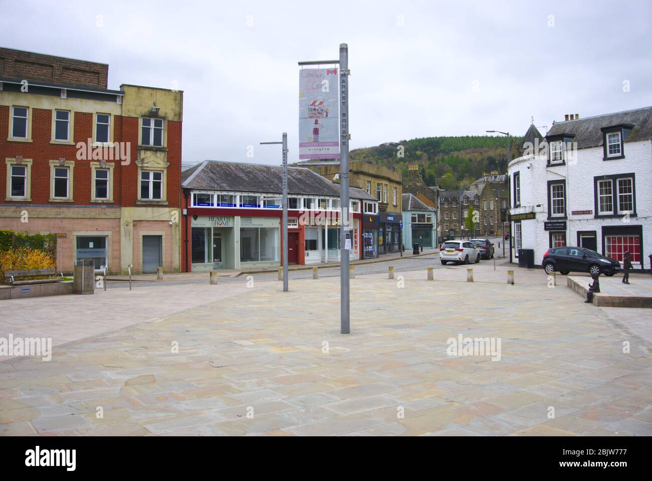 Normally busy Market Square in Galashiels, Scottish Borders, deserted due to UK Covid-19 coronavirus lockdown policy Stock Photo