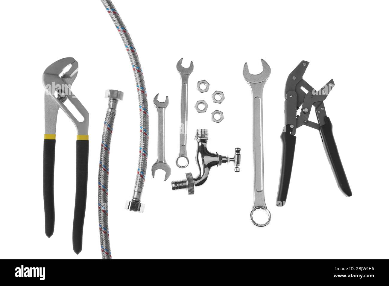 Plumber's items on white background Stock Photo - Alamy