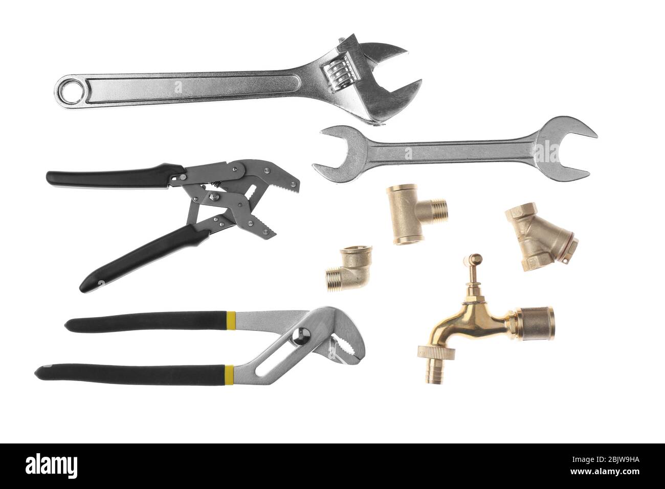 Plumber's items on white background Stock Photo - Alamy