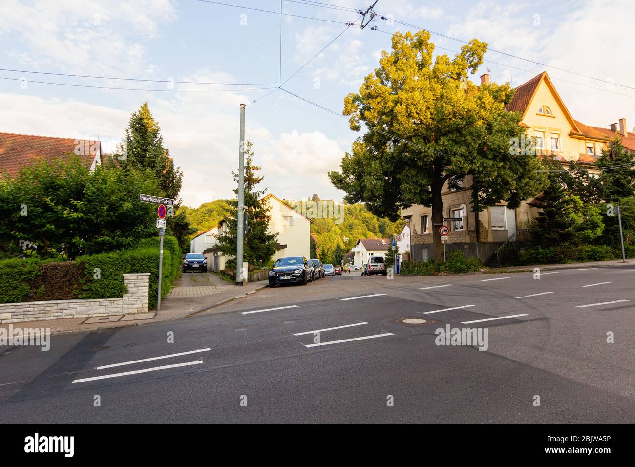 Typical german houses and street in Feuerbacher Tal neighborhood in