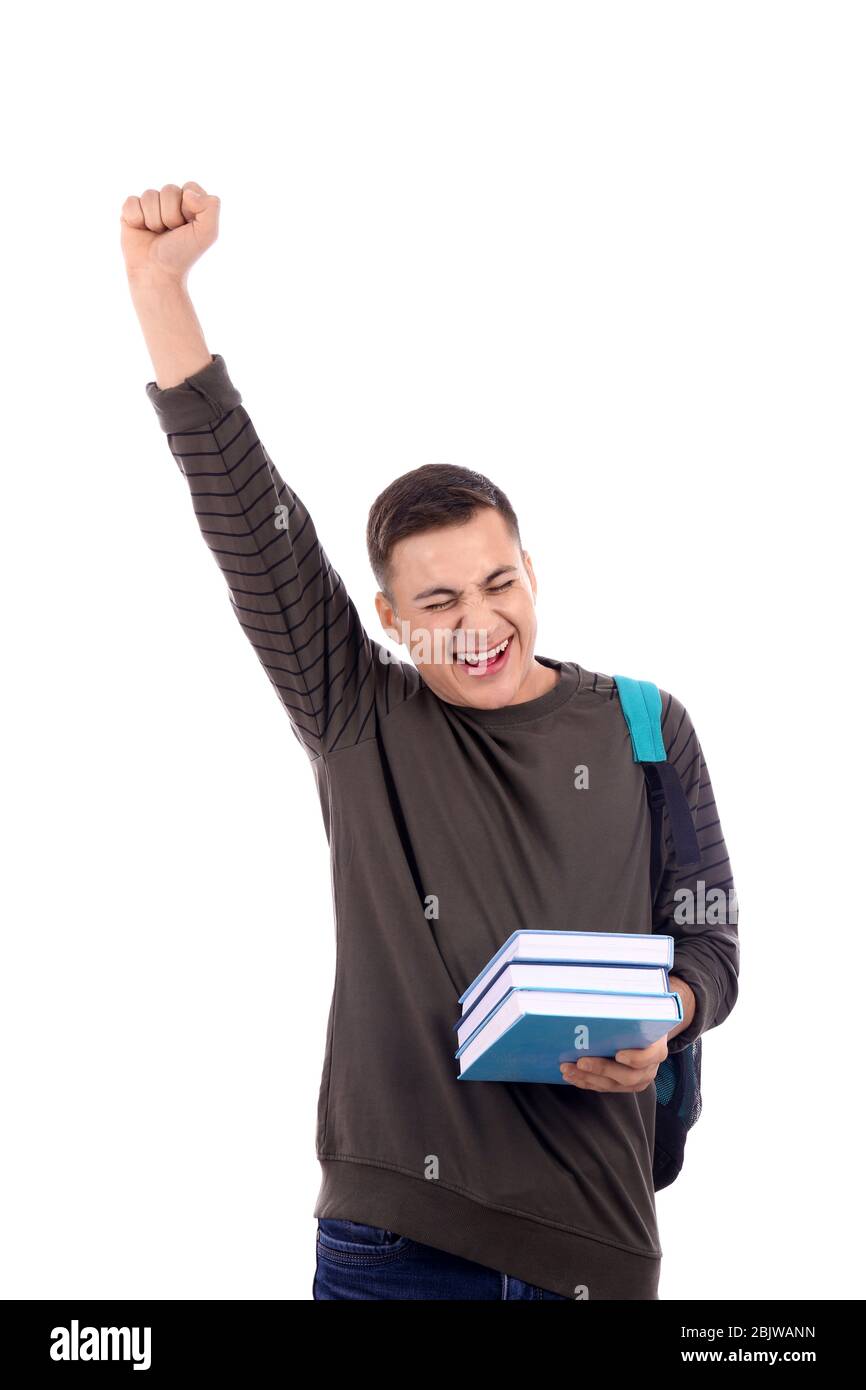 Excited student with books and backpack on white background. Excellent ...