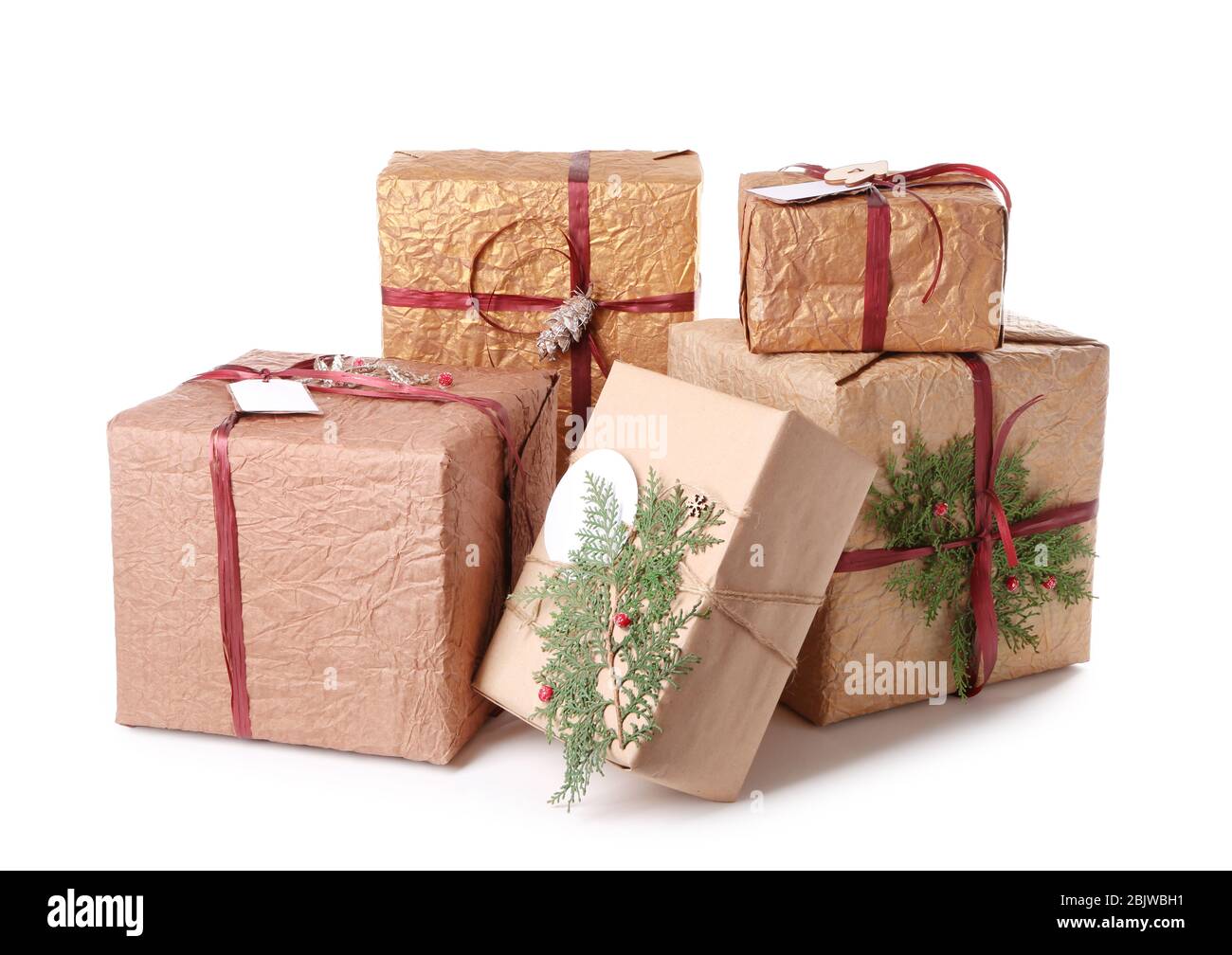 Beautiful Christmas gift boxes on white background Stock Photo - Alamy