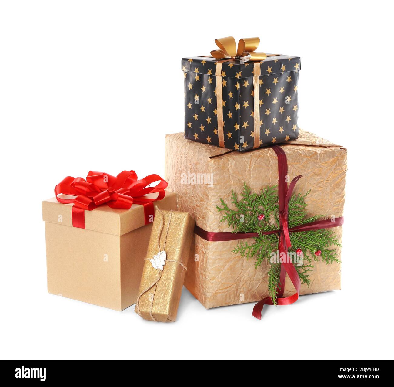 Beautiful Christmas gift boxes on white background Stock Photo - Alamy