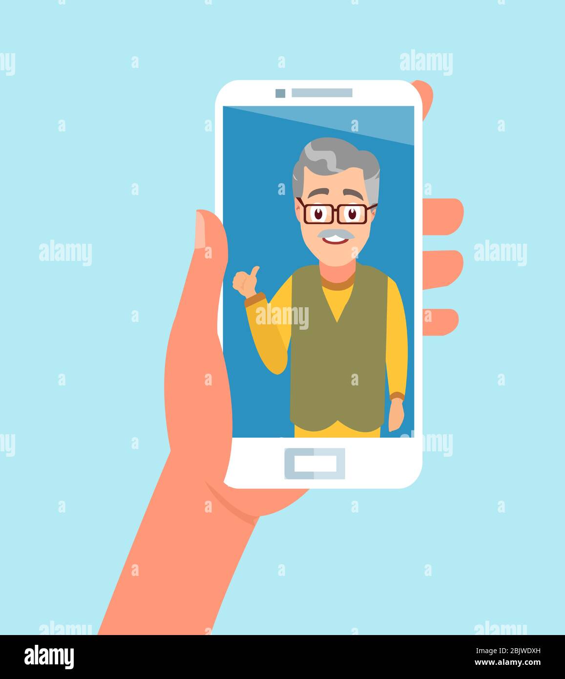 Vector of a hand holding smartphone having a video call with a senior person Stock Vector